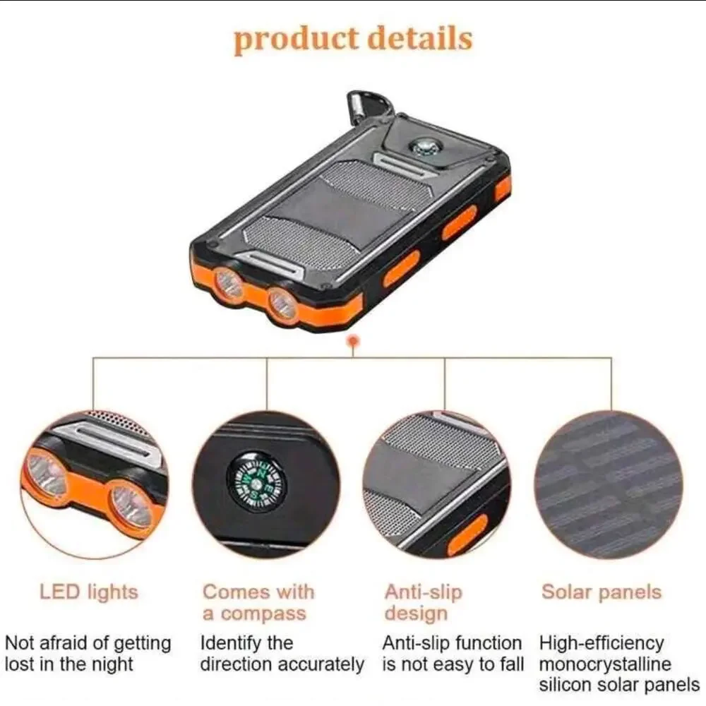 10000mAh Solar Power Bank Dual USB & USB-C Output Charger For Outdoor Adventures